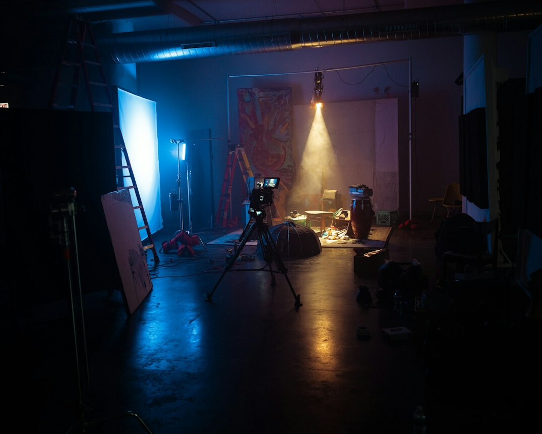 cinematic lighting setup on film set
