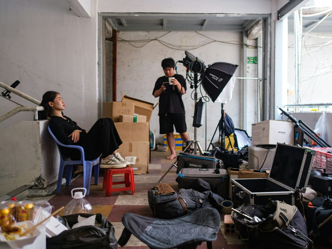 cinematic lighting setup on film set